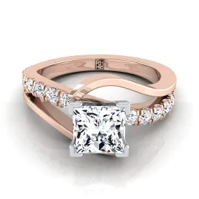 14K Rose Gold Princess Cut Unique Bypass Diamond Pave Swirl Engagement Ring -3/8ctw