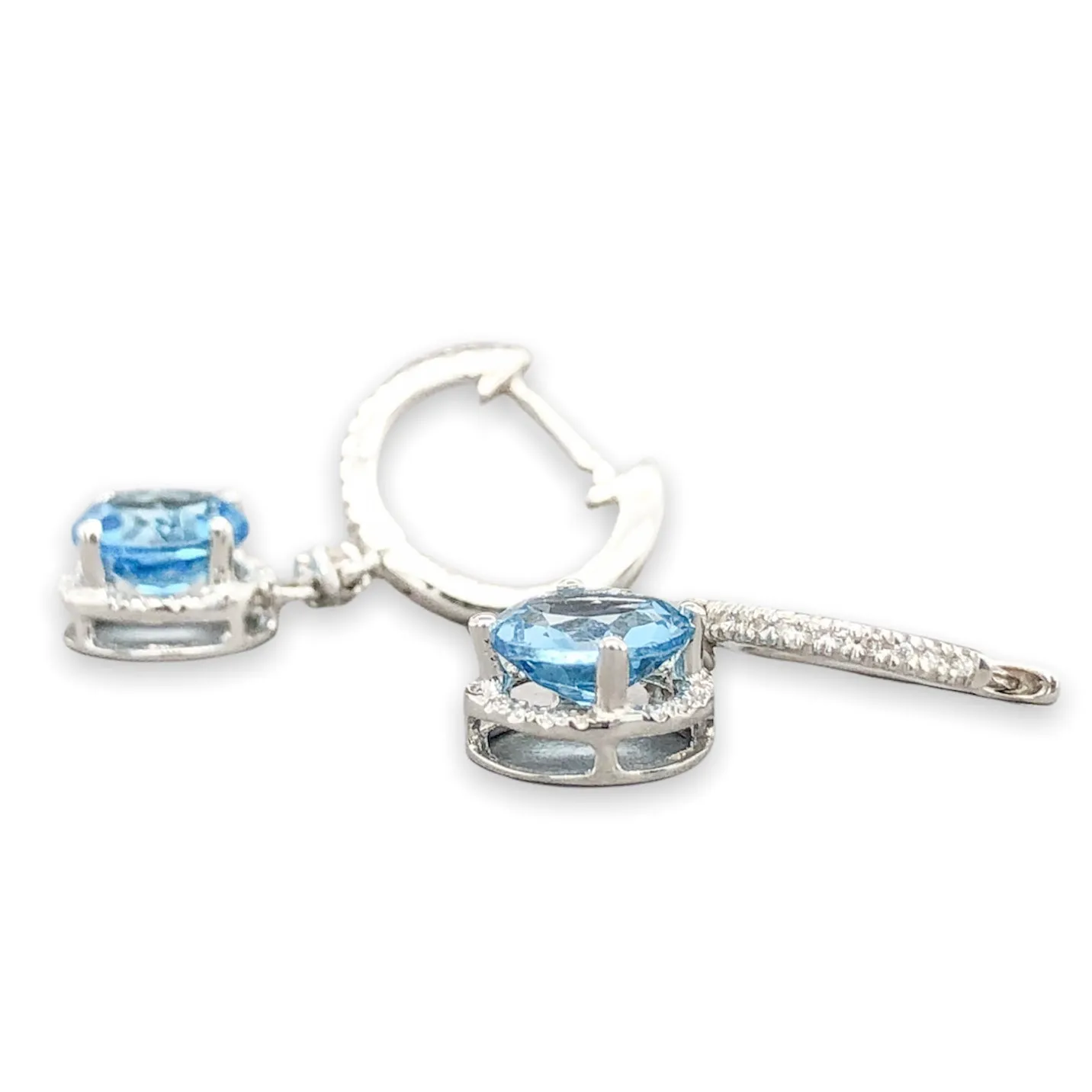 14K W Gold 1.44cttw Blue Topaz & 0.26cttw Diamond Halo Dangle Earrings