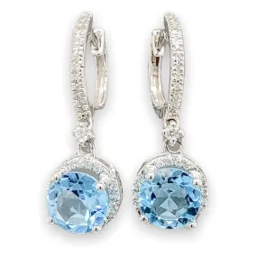 14K W Gold 1.44cttw Blue Topaz & 0.26cttw Diamond Halo Dangle Earrings