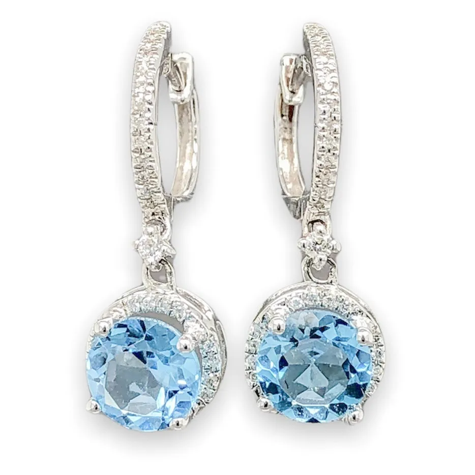 14K W Gold 1.44cttw Blue Topaz & 0.26cttw Diamond Halo Dangle Earrings