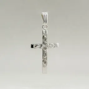 14K W Gold Floral Engraved Cross Pendant