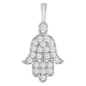 14k White Gold Mini Hamsa Hand of Fatima Charm Pendant with Cubic Zirconia