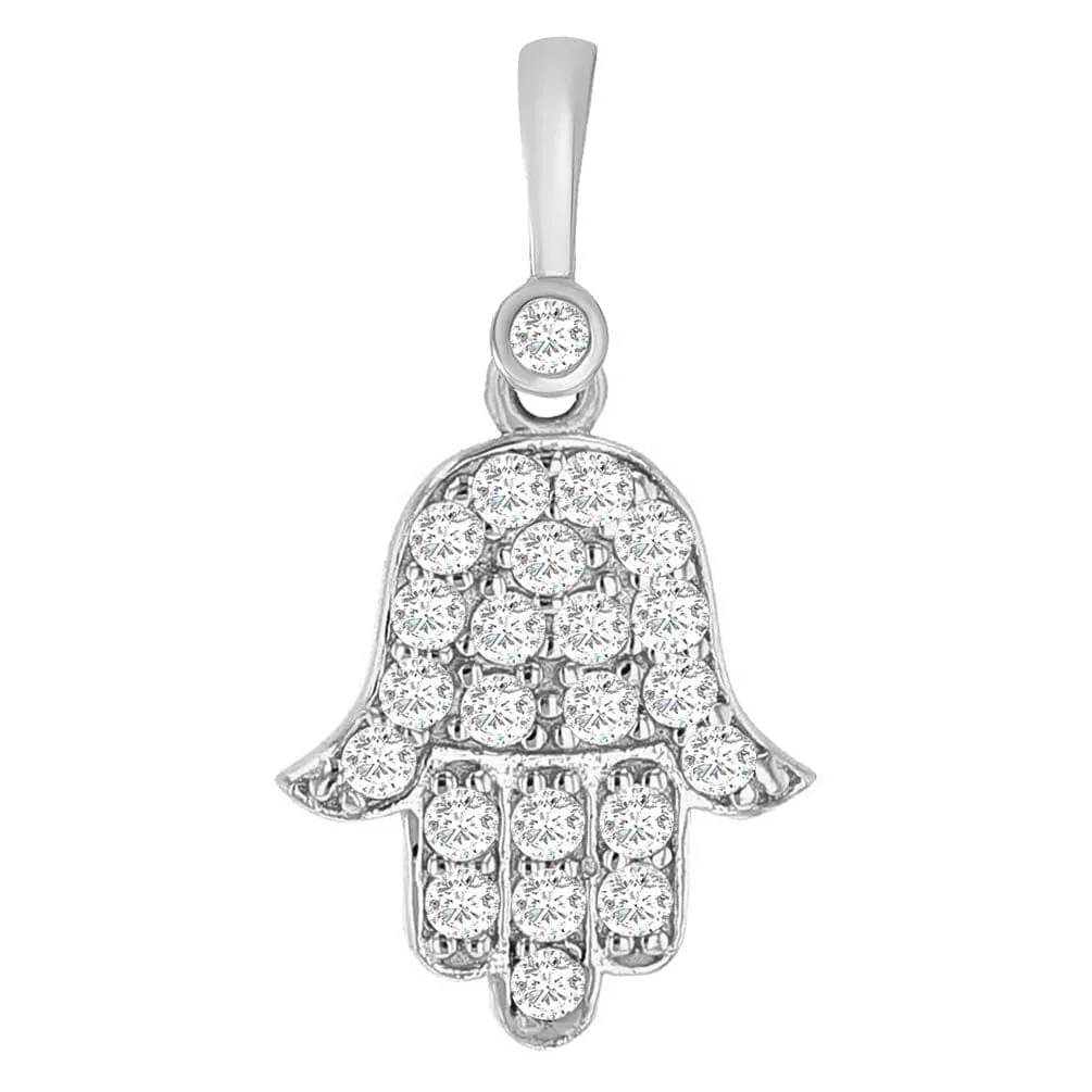 14k White Gold Mini Hamsa Hand of Fatima Charm Pendant with Cubic Zirconia