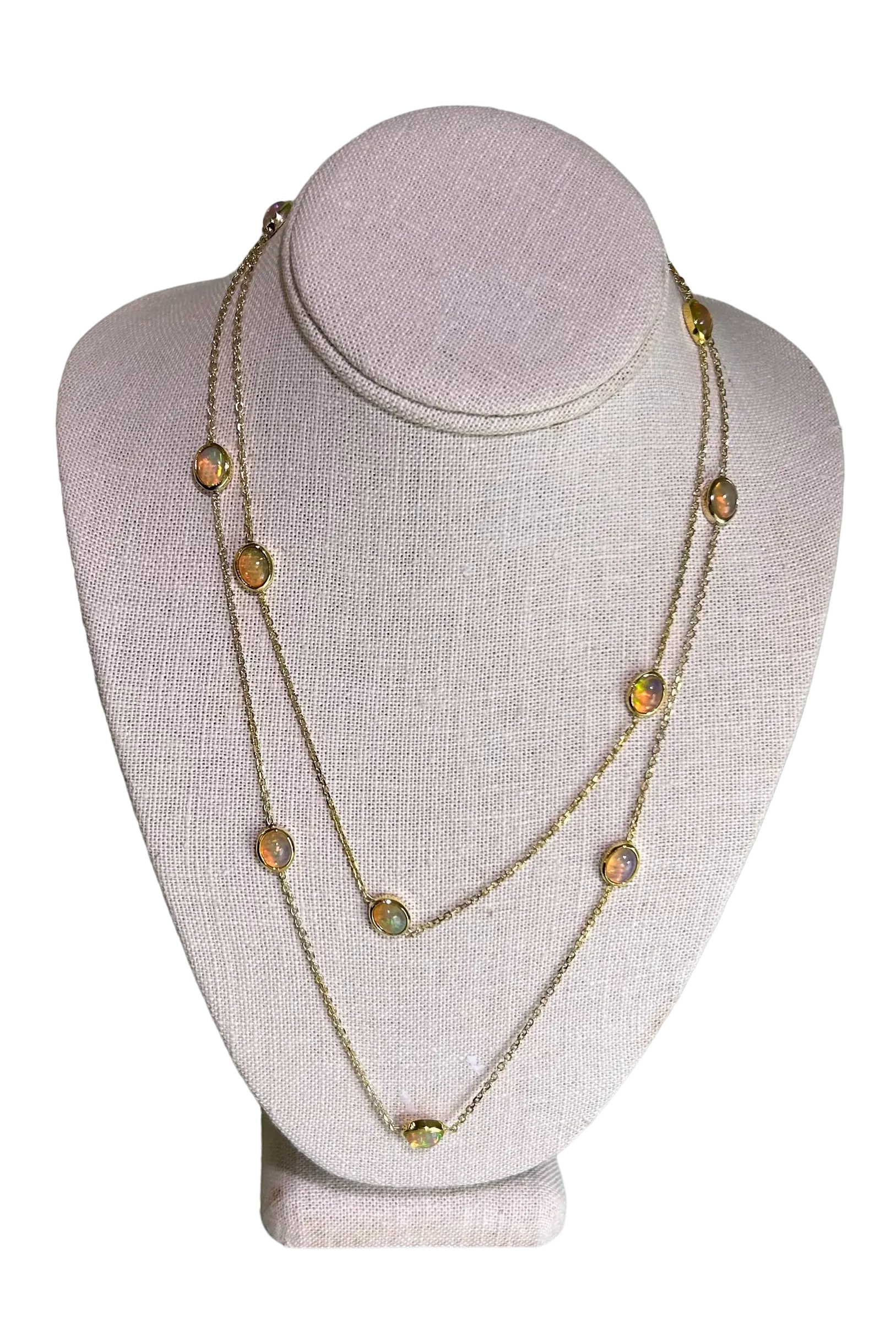 14k Yellow Gold and Ethiopian Opal Station Necklace, 42"