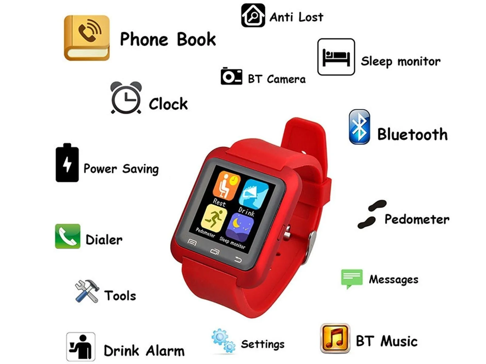 Bluetooth Smart Watch with Phone Pairing, Pedometer, Sleep Monitoring, etc.