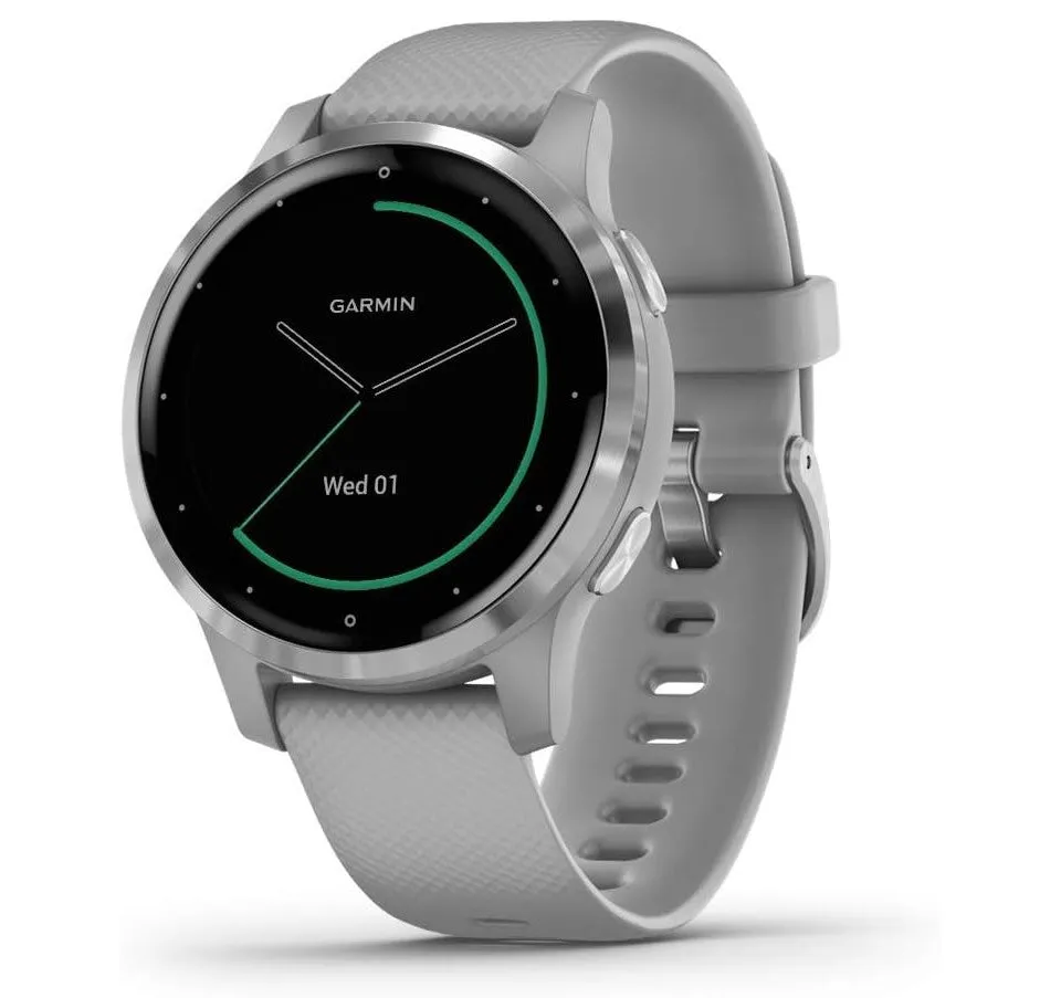 Garmin vivoactive 4S, Smaller-Sized GPS Smartwatch, Features Music, Body Energy Monitoring, Animated Workouts, Pulse Ox Sensors and More, Silver with Gray Band