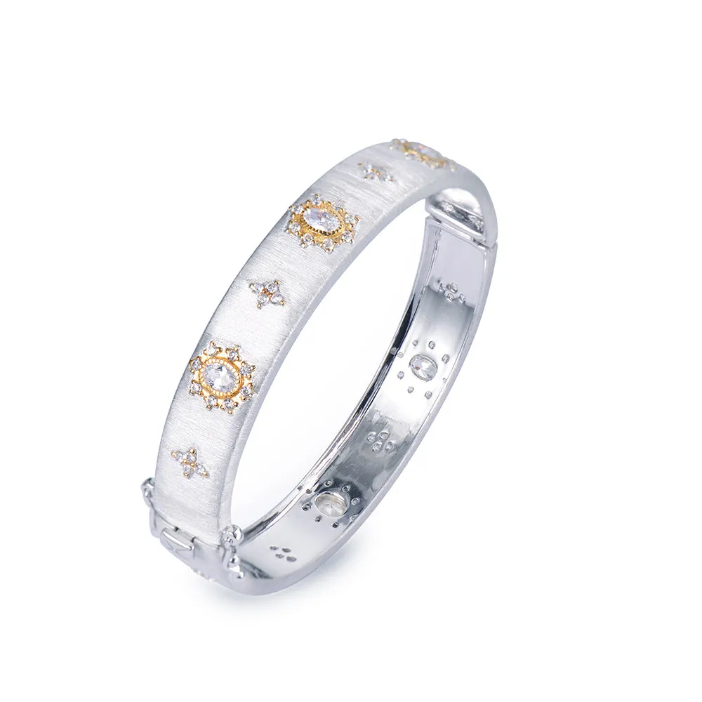 Narrow Star Pattern Oval CZ Center Bangle - Rhodium