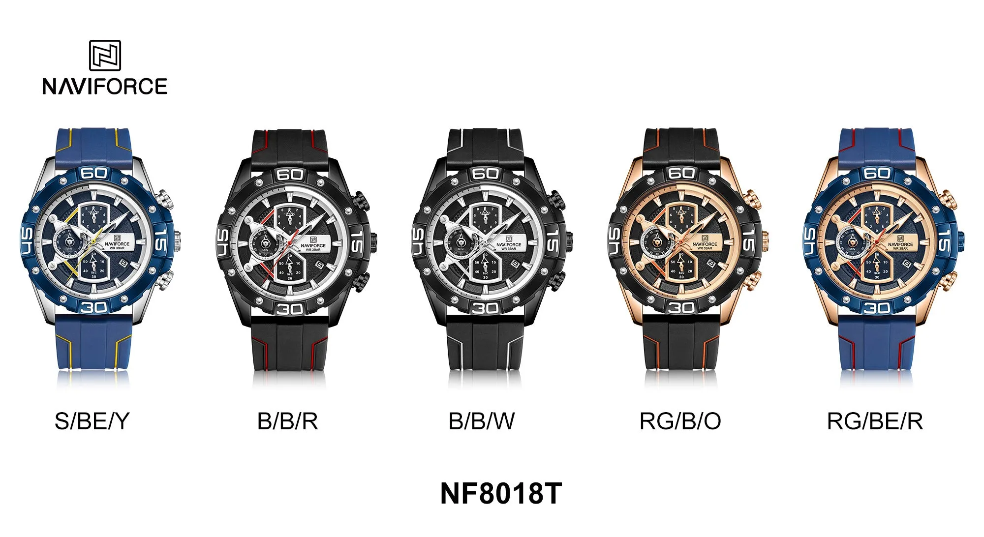 NAVIFORCE Sport Watches for Men Military Quartz Chronograph Waterproof Silicone Strap Wristwatch NF8018T