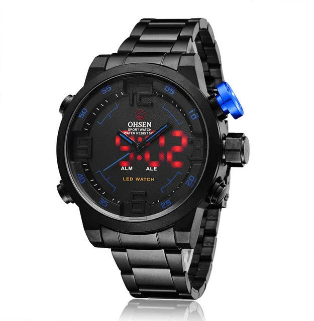 New OHSEN Watch Men's Military Watches Luxury Brand Full steel Watch Sports Diver Quartz Multi-function LED Display Wristwatches