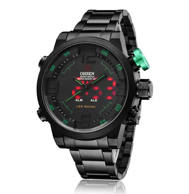 New OHSEN Watch Men's Military Watches Luxury Brand Full steel Watch Sports Diver Quartz Multi-function LED Display Wristwatches