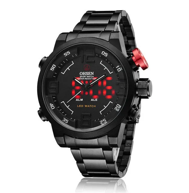 New OHSEN Watch Men's Military Watches Luxury Brand Full steel Watch Sports Diver Quartz Multi-function LED Display Wristwatches