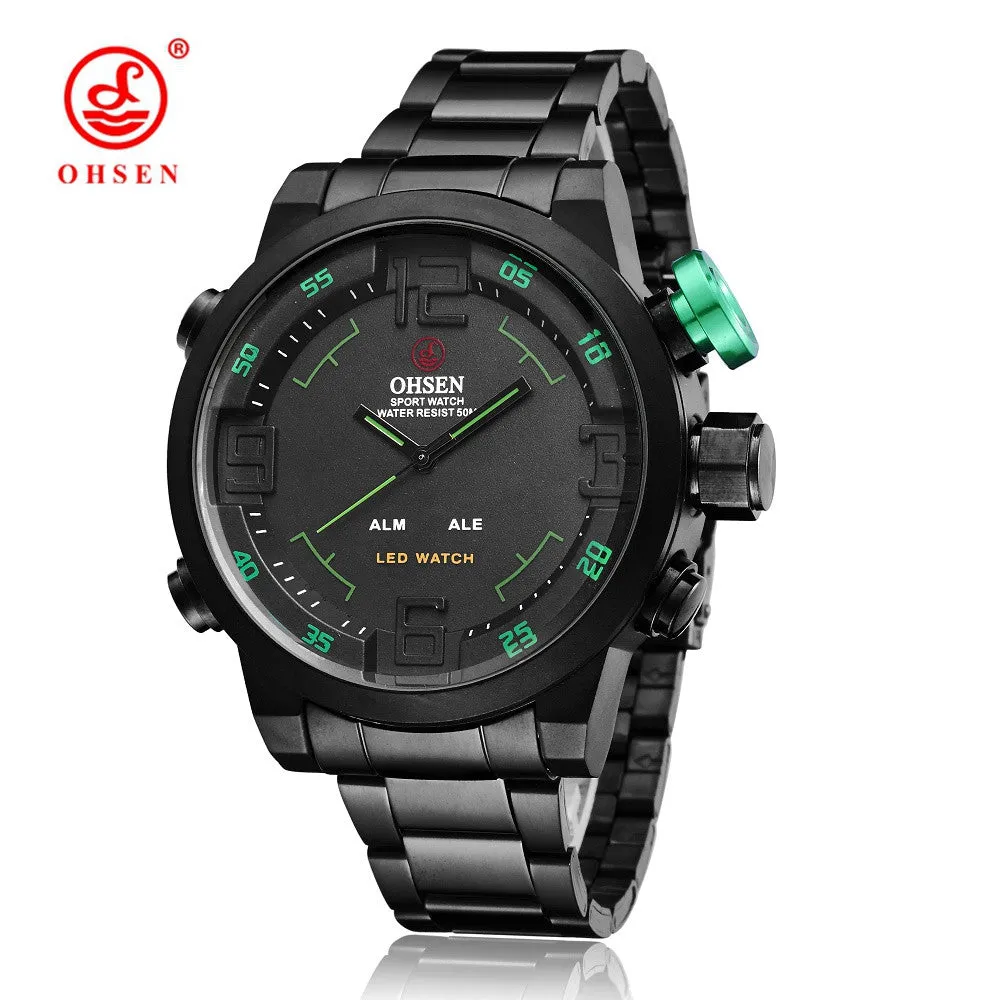 Original OHSEN Military Watches Men Sports Full Steel Quartz Watch Luxury Brand Waterproofed Diver Diving Watch Free Shipping