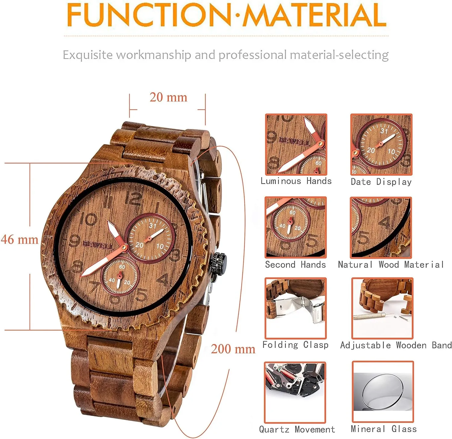 Wood Watches for Men Analog Quartz Handcraft Lightweight